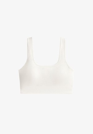 Witte geribbelde crop top met een vierkante halslijn en brede banden, voorzien van een textuurstof en een getailleerde pasvorm.