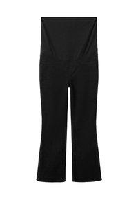 Czarne spodnie ciążowe z szerokim elastycznym pasem i prostymi nogawkami, zaprojektowane dla wygody i wsparcia podczas ciąży.