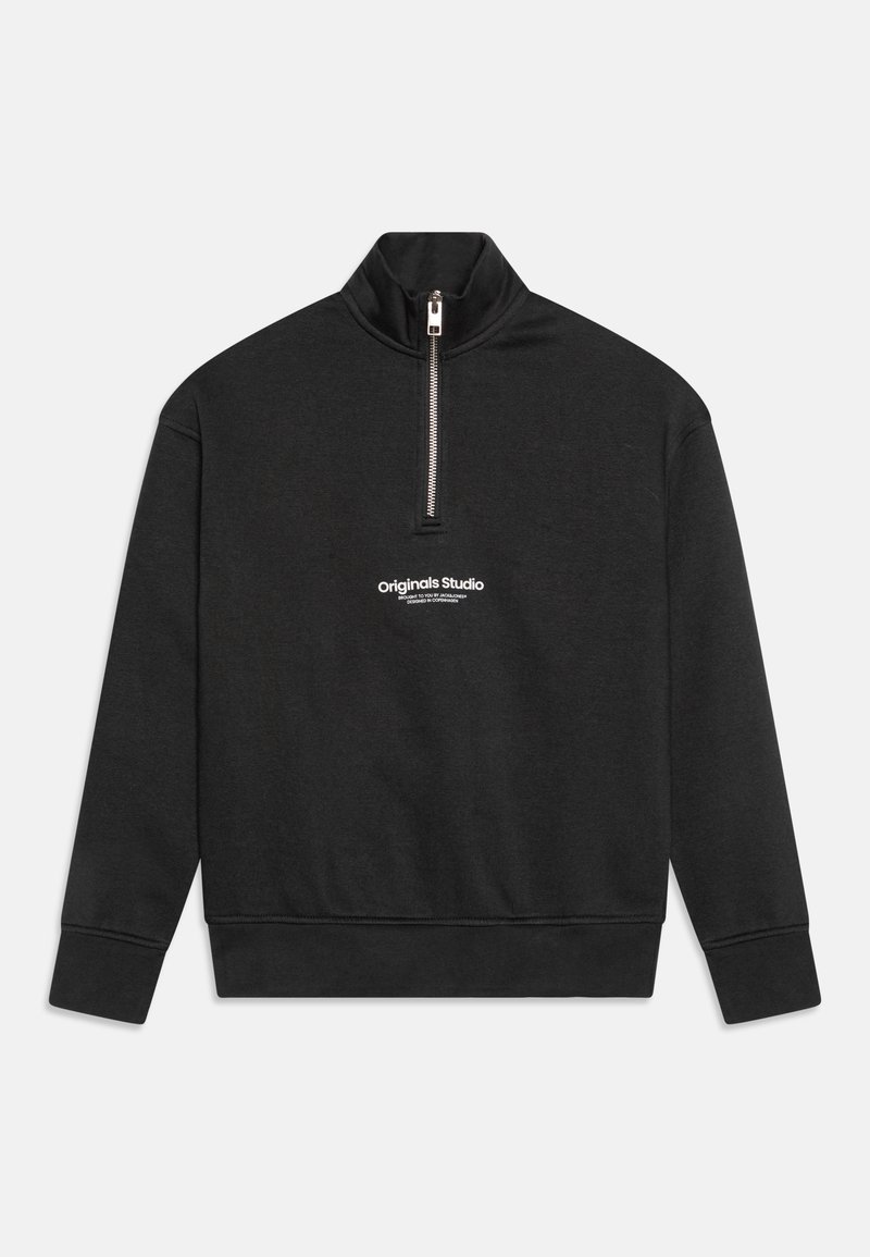 Svart zip-up hettegenser med høy krage. Har en hvit "Originals Studio" logo på brystet. Laget av myk, strukturert stoff.