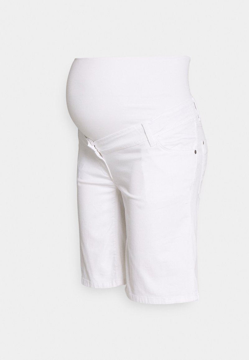 Calções de maternidade brancos com uma cintura elástica. O tecido é suave, apresentando um corte relaxado até ao joelho. Sem hardware visível ou padrões.