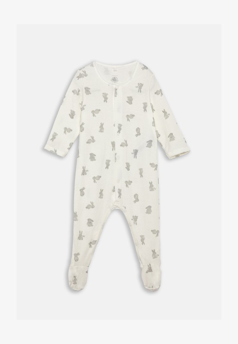 Hvit heldrakt i myk stoff med grå kanin- og bjørnmønster. Har lange ermer og fotdesign med trykknapplukking foran.