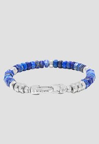 Blue lapis lazuli bead bracelet with hexagonal and round silver accents, featuring a secure clasp with engraved branding details.