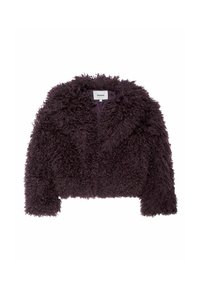 Kurtka z sztucznego futra, krótka, w głębokim purpurowym kolorze, z teksturowanym, kudłatym wykończeniem i jednolitą podszewką. Nie ma widocznych zapięć ani akcentów.