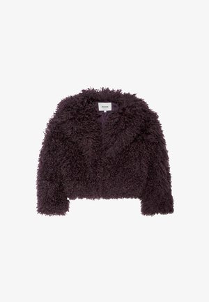 Kürzerer Kunstpelz-Jacke in dunklem Lila mit einer strukturierten, strubbeligen Außenseite und einem einfarbigen Innenfutter. Hat keine sichtbaren Verschlüsse oder Akzente.