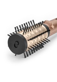 Ronde haarborstel met zwarte borstelharen op een gouden, geperforeerde cilinder. Beschikt over een zwarte basis met een ingebouwde aan/uit-schakelaar. Soepele vormgeving.