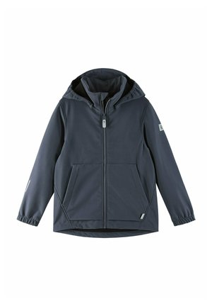 Veste à capuche marine en tissu doux, dotée de deux poches avant, de poignets élastiques et d'une fermeture éclair sur toute la longueur. Texture lisse avec un design décontracté.