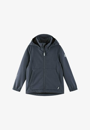 Giacca a vento blu navy con cappuccio realizzata in tessuto morbido, dotata di due tasche anteriori, polsini elasticizzati e zipper lungo. Texture liscia con un design casual.