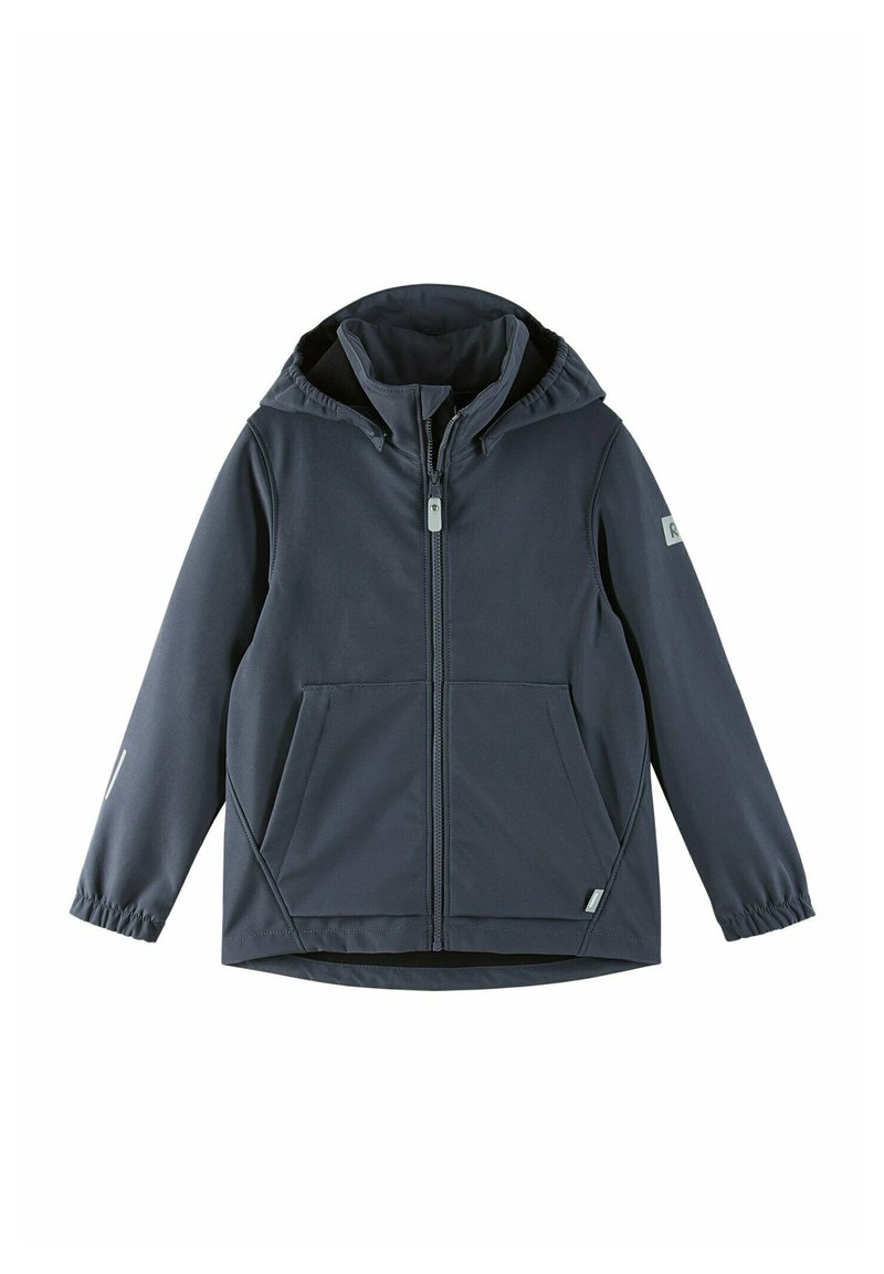 Veste à capuche marine en tissu doux, dotée de deux poches avant, de poignets élastiques et d'une fermeture éclair sur toute la longueur. Texture lisse avec un design décontracté.