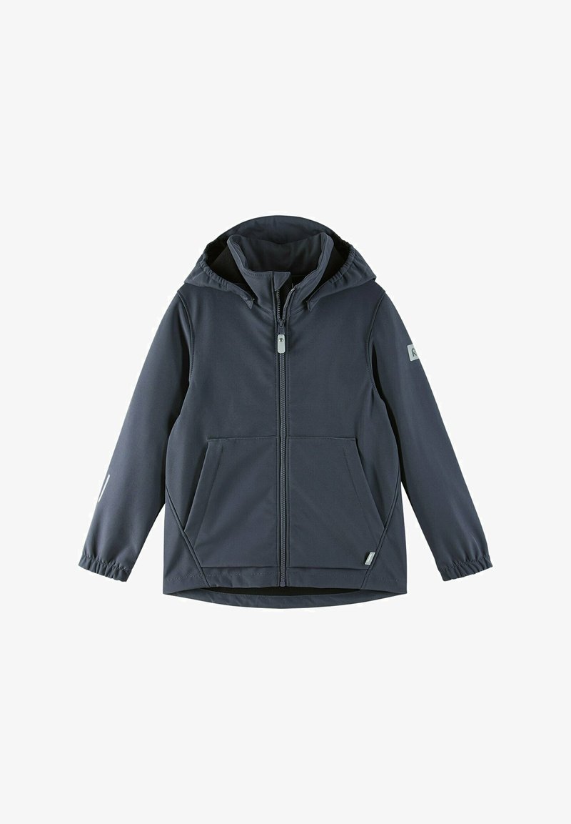 Marineblaue Kapuzenjacke aus weichem Stoff, mit zwei Fronttaschen, elastischen Bündchen und einem durchgehenden Reißverschluss. Glatte Textur mit lässigem Design.