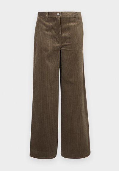 Brown corduroy wide-leg pants with vertical ribbing, featuring a front button closure and standard waistband. Smooth texture, casual design.