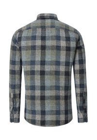 Karierte Langarmbluse in Blau-, Grün- und Grautönen. Hergestellt aus strukturiertem Stoff mit einem klassischen Kragen und geknöpften Manschetten.