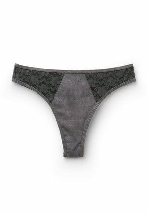Tanga gris oscuro con un frente de tela suave y paneles laterales de encaje con patrones florales. La cinturilla elástica mejora la comodidad y el ajuste.