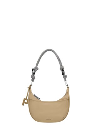 Beige crescent handbag with black-and-white twisted rope handle and large letter "P" charm hanging from one side.