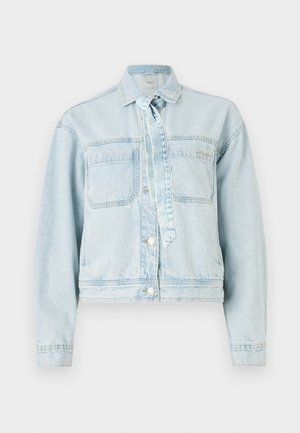 Light blue denim jacket with two chest pockets, a collar, and button closure. Features a tie detail and cropped design.