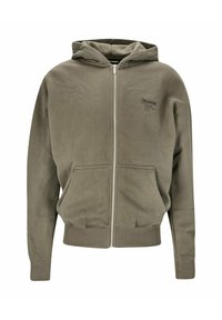 Felpa con cappuccio e zip di colore verde oliva. Realizzata in tessuto morbido, presenta tasche frontali e polsini e orlo a costine, con dettaglio del logo sul petto.