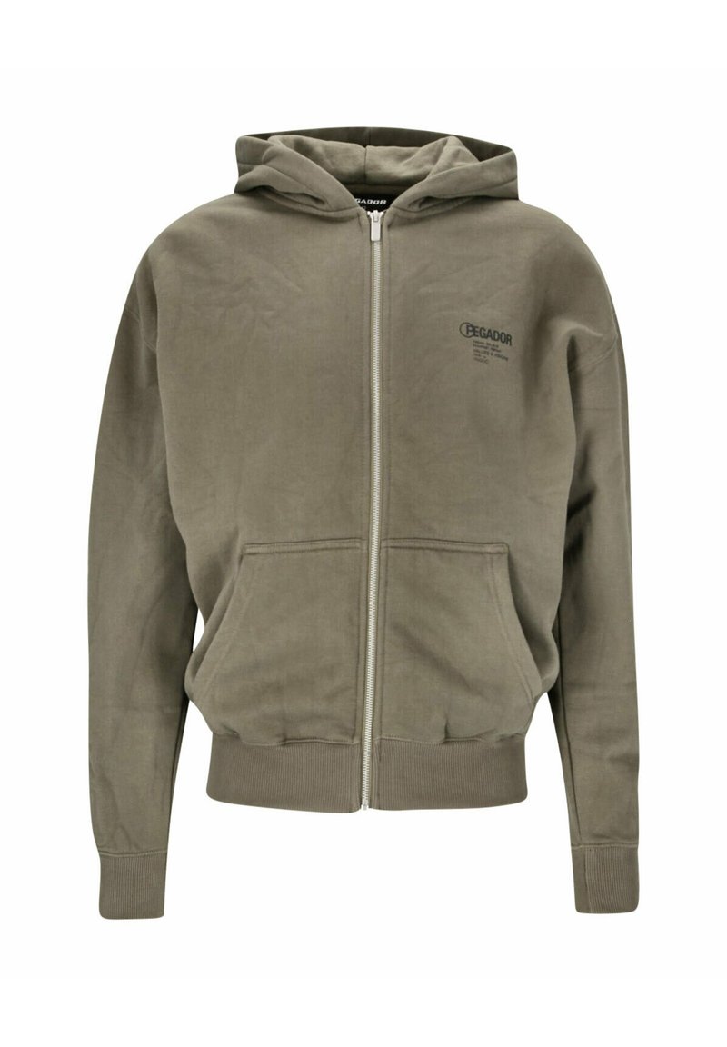 Felpa con cappuccio e zip di colore verde oliva. Realizzata in tessuto morbido, presenta tasche frontali e polsini e orlo a costine, con dettaglio del logo sul petto.