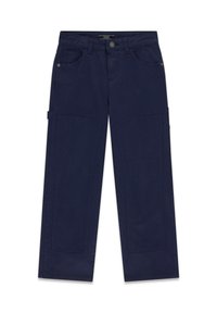 Pantaloni cargo blu navy in cotone, dotati di tasche laterali, chiusura a bottone e design a gamba dritta. Tessuto liscio con dettagli minimi.