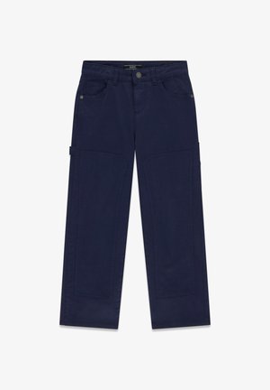 Modre cargo hlače iz bombaža, z bočnimi žepi, gumbom za zapiranje in ravnim krojem. Gladka tekstura z minimalnimi detajli.