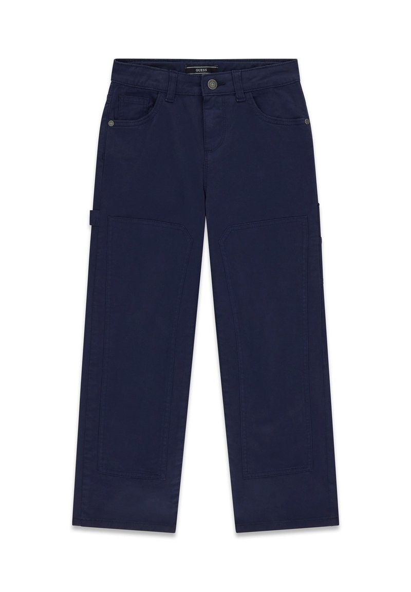 Pantaloni cargo blu navy in cotone, dotati di tasche laterali, chiusura a bottone e design a gamba dritta. Tessuto liscio con dettagli minimi.