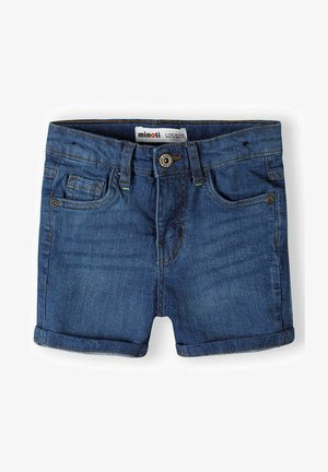 Şorturi din denim de culoare albastră închisă, cu manșete răsucite, cinci buzunare și închidere cu buton metalic. Prezintă cusături contrastante galbene și verzi.