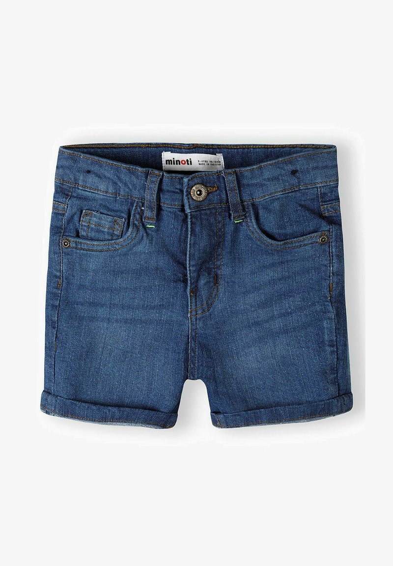 Traper šortsevi tamnoplave boje s prevrnutim rubovima, pet džepova i metalnim dugmetom za zatvaranje. Sadrže kontrastne žute i zelene šavove.