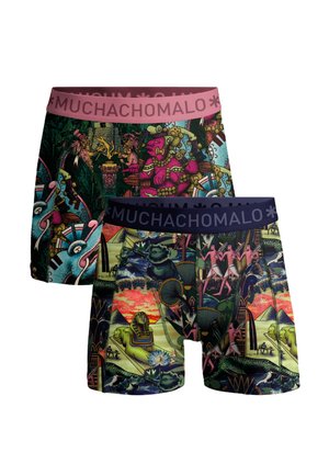 Dva páry boxeriek s farebnými ilustráciami odvodenými od starovekého mesoamerického a egyptského motívu a s logovanými pásmi v ružovej a námorníckej modrej farbe.