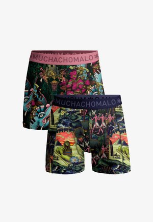 Kaks paari bokserit, millel on värvikad iidsete mesoameerika ja egiptuse teemalised illustratsioonid ning roosad ja mereväesinised kaubamärgiga vööd.