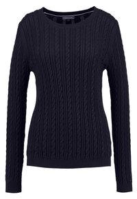 Marineblauwe kabelgebreide trui met lange mouwen en een ronde hals, met geribbelde zoom en manchetten, gemaakt van getextureerd garen.