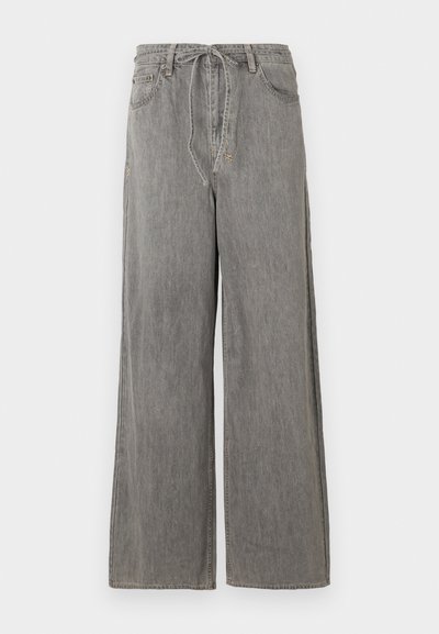 Wide-leg gray denim pants with a high waist, featuring a drawstring, two front pockets, and subtle stitch detailing.