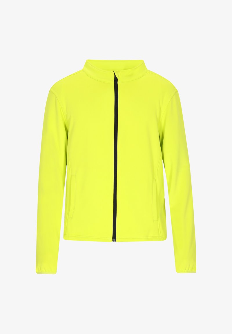 Bright yellow jacket with a stand-up collar, front zipper, and two side pockets. Features long sleeves and a smooth, stretchy fabric.