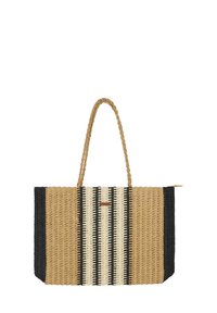 Geweven stro begintas met een gestreept patroon in beige, zwart en crème, voorzien van gevlochten handvatten en een ritsluiting.