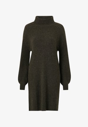 Dark green ribbed knit dress with a high collar, long balloon sleeves, and side slits. Soft texture and relaxed fit.