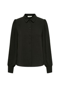 Zwarte blouse met een klassieke kraag, lange pofmouwen en een gestructureerde stof. Heeft een knoopsluiting aan de voorkant en getailleerde manchetten bij de pols.