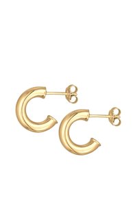 Orecchini a cerchio in metallo dorato a forma di "C" stilizzato, con una finitura liscia e chiusura a perno. La dimensione è compatta e il design è curvato.