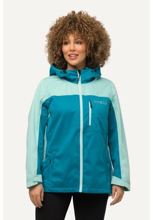 Veste imperméable teal et bleu clair avec capuche, poches zippées et poignets ajustables. Texture lisse avec un design sportif.