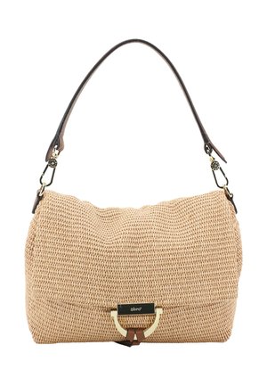 Beige woven shoulder bag with curved shape, brown leather adjustable strap, and gold-tone clasp with brand engraving on front flap.