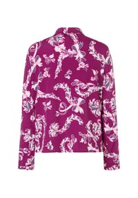 Lila Langarmshirt mit floralem Muster in Pink und Weiß. Weicher Stoff, mit Kragen und geradem Schnitt sowie geknöpften Ärmeln.