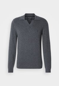Gray knit sweater with a V-neck and a pointed collar. Long sleeves, soft texture, and a subtle logo on the chest.