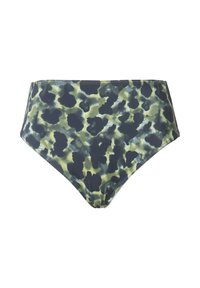 Bikini kalhotky s vysokým pasem v maskáčovém vzoru tmavě zelené a černé. Vyrobeno z hladké, elastické látky s jemným matným povrchem.