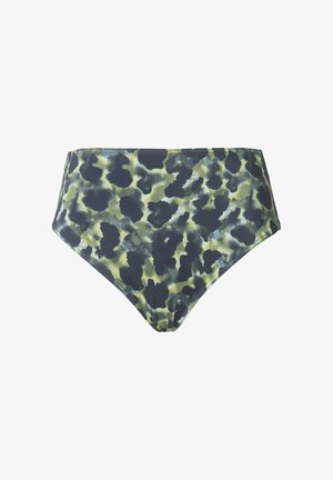 Slip bikini a vita alta con un motivo camouflage in verde scuro e nero. Realizzato in tessuto liscio e elastico con una finitura morbida e opaca.