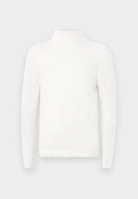 Suéter blanco de manga larga con cuello alto, puños acanalados y dobladillo, sobre un fondo gris neutro.