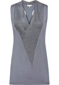 Top sans manches gris clair avec un décolleté en V profond et un design en panneau gris métallique. Texture lisse, silhouette ajustée et sans matériel visible.