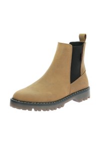 Stivale alla caviglia in suede marrone con pannelli laterali elastici, texture liscia, punta rotonda e suola in gomma nera spessa con un motivo di battistrada robusto.