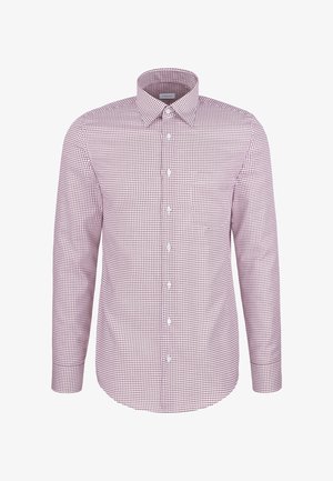 Herrenhemd mit langen Ärmeln, Knopfleiste, weiß-burgund kariertem Muster und klassischem spitzem Kragen.