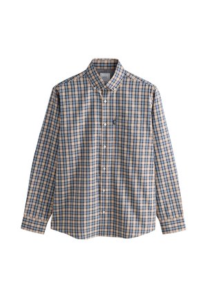 Checkered long-sleeve shirt in beige, navy, and light blue. Features button-down collar, front pocket, and soft cotton material.