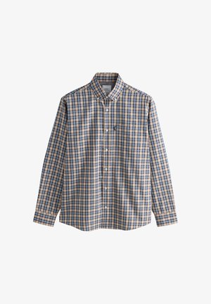 Checkered long-sleeve shirt in beige, navy, and light blue. Features button-down collar, front pocket, and soft cotton material.