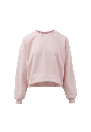 Lyserød cropped sweatshirt med lange ærmer, ribbet rund halsudskæring og ribbede manchetter på hvid baggrund.