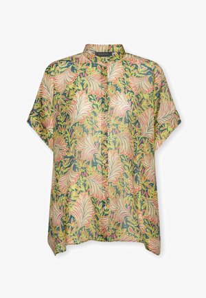 Kortærmet skjortebluse med grøn bundfarve og rosa, beige bladblomstermønster, med mandarin-krave og løs pasform.