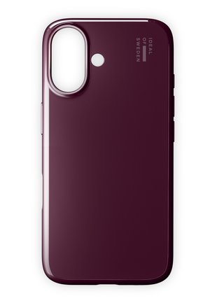 Dunkelrotes Handyhülle mit glattem, glänzendem Finish. Verfügt über eine kreisförmige Kameraaussparung und eine strukturierte Seite für besseren Halt, beschriftet mit "IDEAL OF SWEDEN."