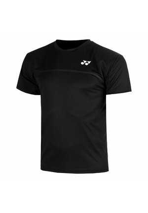Maglietta sportiva nera a maniche corte con scollo rotondo e un piccolo logo bianco sul petto superiore sinistro.